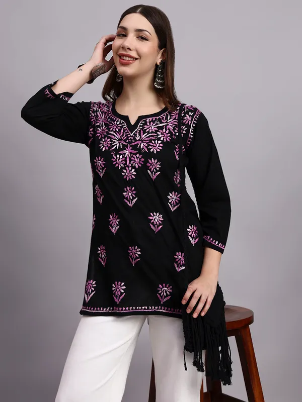 Syrish_Black_Base_Purple_color_Cotton_Chikankari_Hand_Embroidered_Kurti
