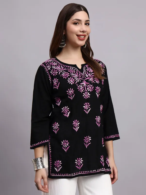 Syrish_Black_Base_Purple_color_Cotton_Chikankari_Hand_Embroidered_Kurti