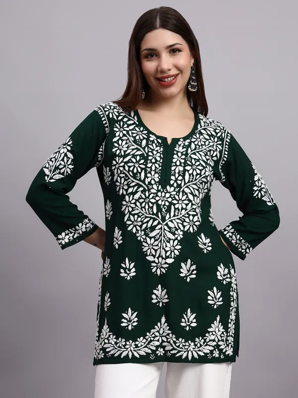 Syrish_Green_Rayon_Ethnic_Kurti_|_White_Floral_Chikankari_Embroidered_Kurta
