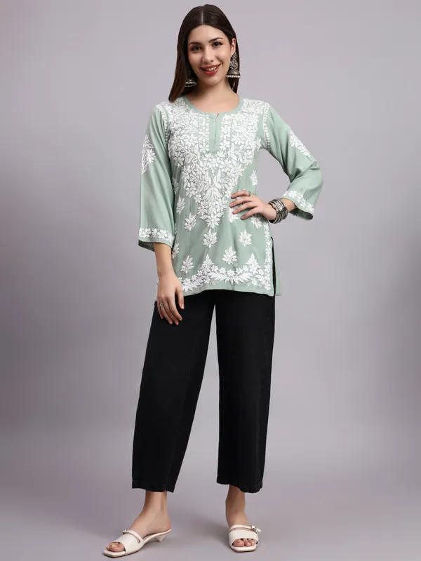 Syrish_Sage_Green_Pastel_Rayon_Ethnic_Kurti_|_White_Floral_Chikankari_Embroidered_Kurta