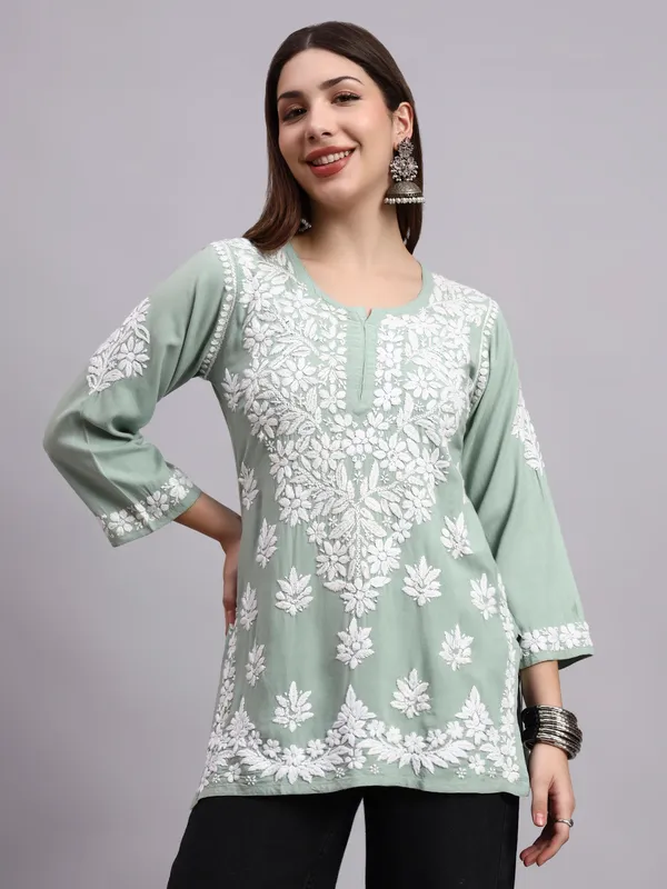 Syrish_Sage_Green_Pastel_Rayon_Ethnic_Kurti_|_White_Floral_Chikankari_Embroidered_Kurta