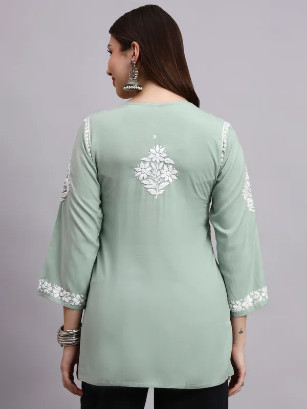 Syrish_Sage_Green_Pastel_Rayon_Ethnic_Kurti_|_White_Floral_Chikankari_Embroidered_Kurta