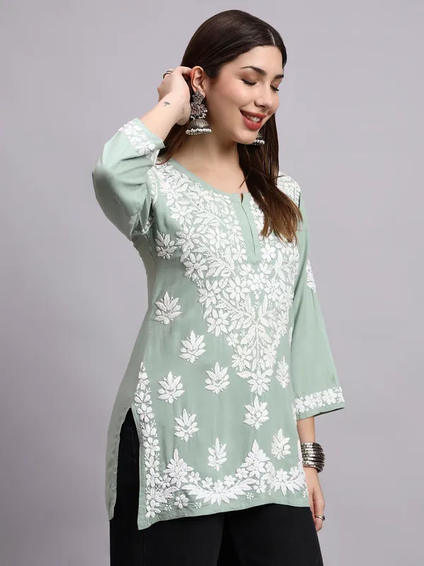 Syrish_Sage_Green_Pastel_Rayon_Ethnic_Kurti_|_White_Floral_Chikankari_Embroidered_Kurta