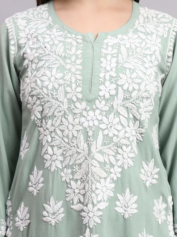 Syrish_Sage_Green_Pastel_Rayon_Ethnic_Kurti_|_White_Floral_Chikankari_Embroidered_Kurta