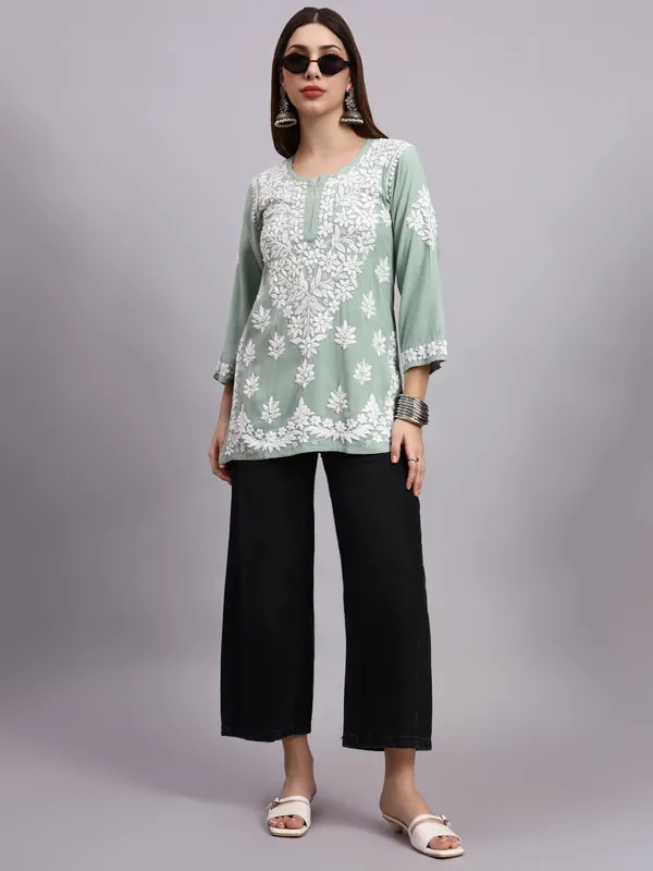 Syrish_Sage_Green_Pastel_Rayon_Ethnic_Kurti_|_White_Floral_Chikankari_Embroidered_Kurta
