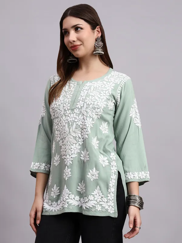 Syrish_Sage_Green_Pastel_Rayon_Ethnic_Kurti_|_White_Floral_Chikankari_Embroidered_Kurta
