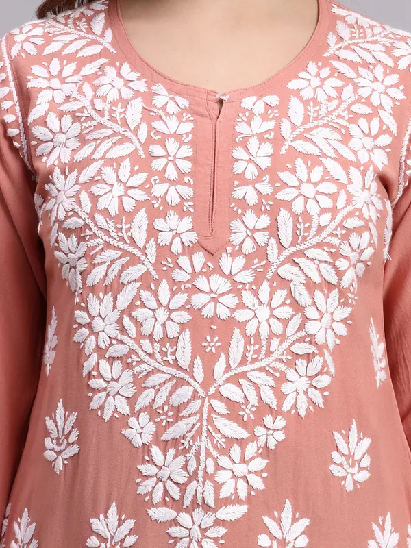 Syrish_Peach_Rayon_Ethnic_Kurti_|_White_Floral_Chikankari_Embroidered_Kurta