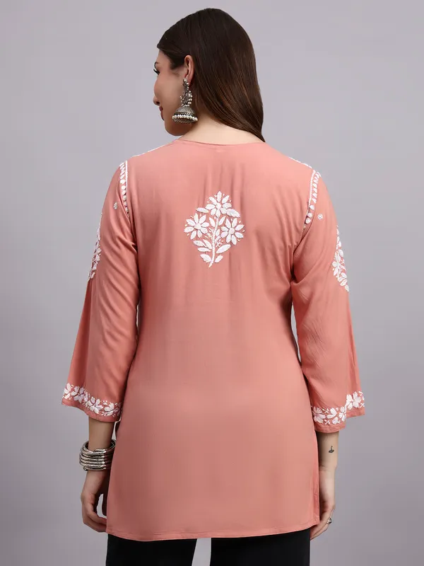 Syrish_Peach_Rayon_Ethnic_Kurti_|_White_Floral_Chikankari_Embroidered_Kurta