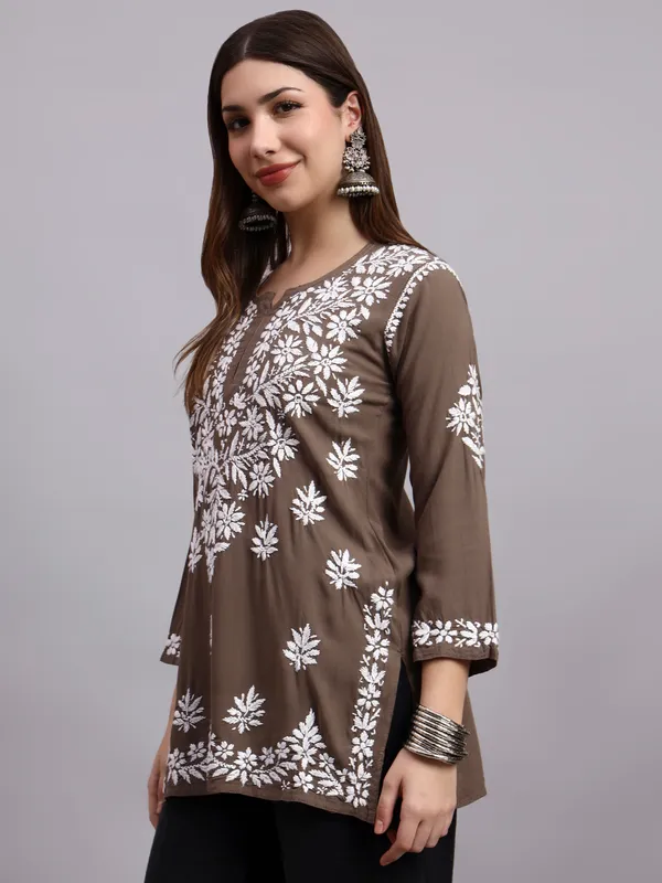 Syrish_Taupe_Brown_Rayon_Ethnic_Kurti_|_White_Floral_Chikankari_Embroidered_Kurta