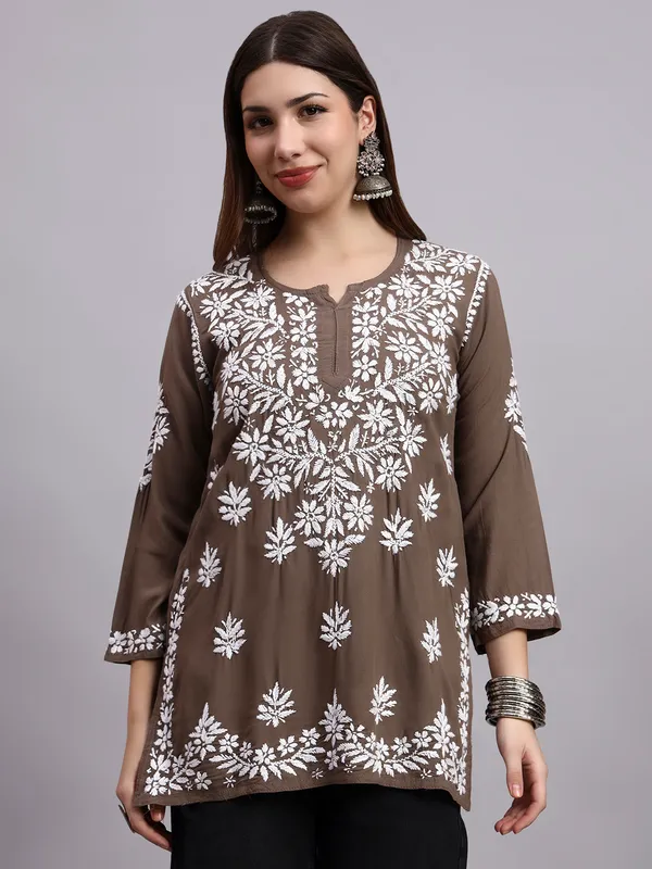 Syrish_Taupe_Brown_Rayon_Ethnic_Kurti_|_White_Floral_Chikankari_Embroidered_Kurta