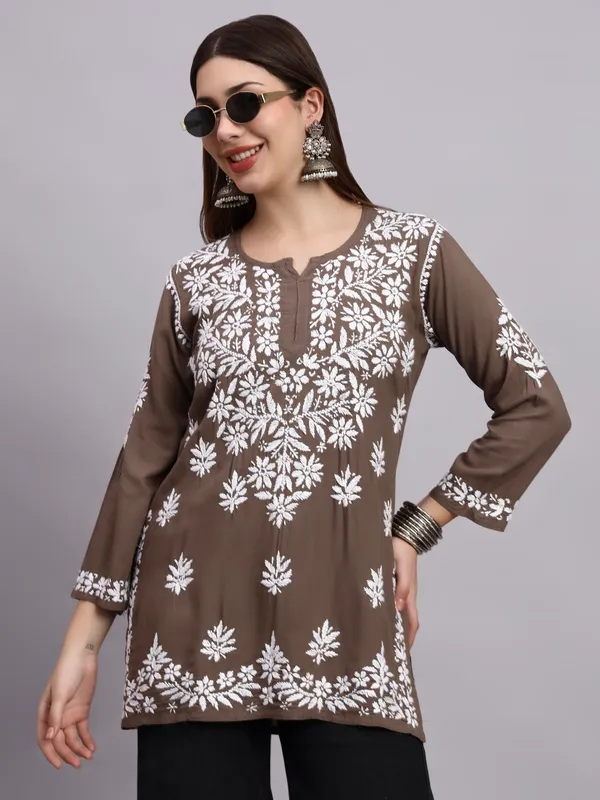 Syrish_Taupe_Brown_Rayon_Ethnic_Kurti_|_White_Floral_Chikankari_Embroidered_Kurta