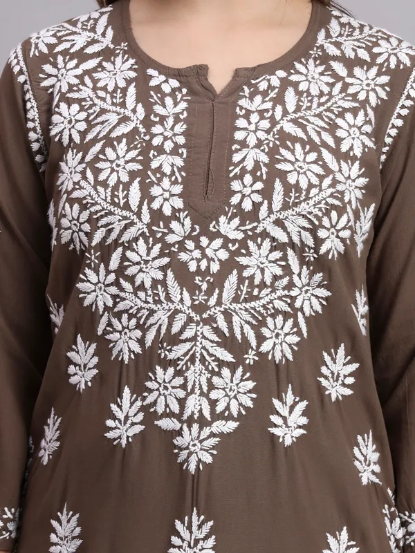 Syrish_Taupe_Brown_Rayon_Ethnic_Kurti_|_White_Floral_Chikankari_Embroidered_Kurta