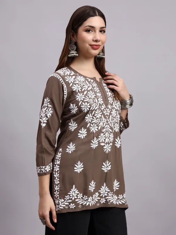Syrish_Taupe_Brown_Rayon_Ethnic_Kurti_|_White_Floral_Chikankari_Embroidered_Kurta