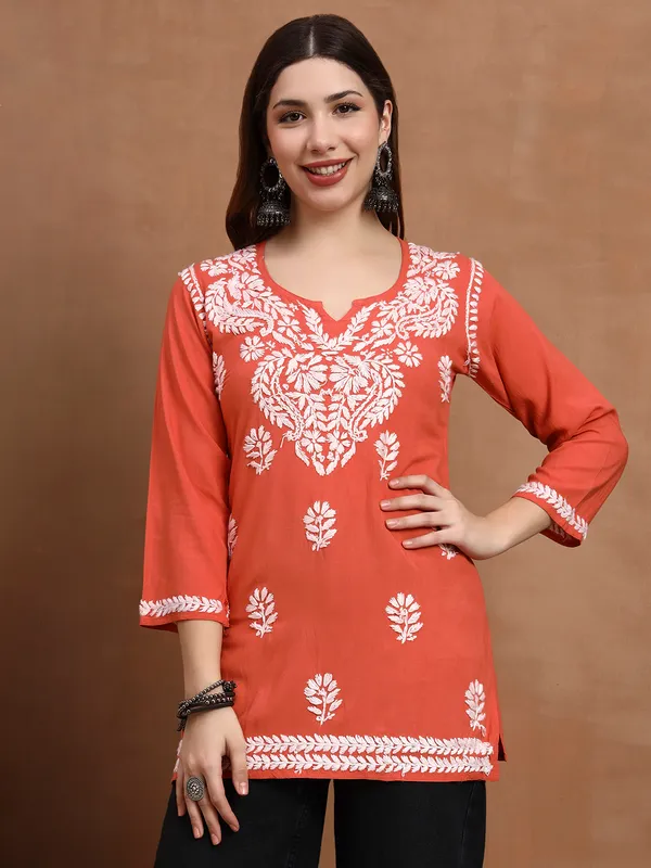 Syrish_Orange_White_Floral_Chikankari_Embroidered_Rayon_Kurta