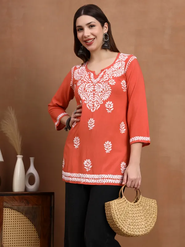 Syrish_Orange_White_Floral_Chikankari_Embroidered_Rayon_Kurta