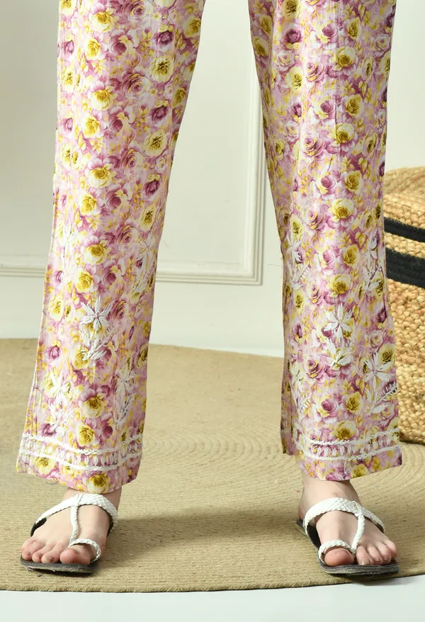 Peach_Floral_Hand_Embroidered_Mulmul_Chikankari_Kurta_Plazo_Set