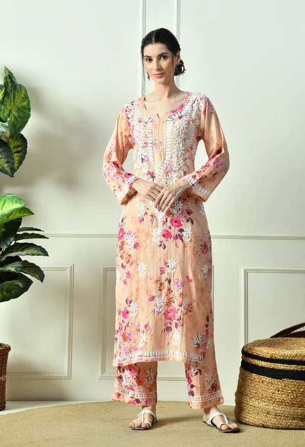 Peach_Floral_Hand_Embroidered_Mulmul_Chikankari_Kurta_Plazo_Set