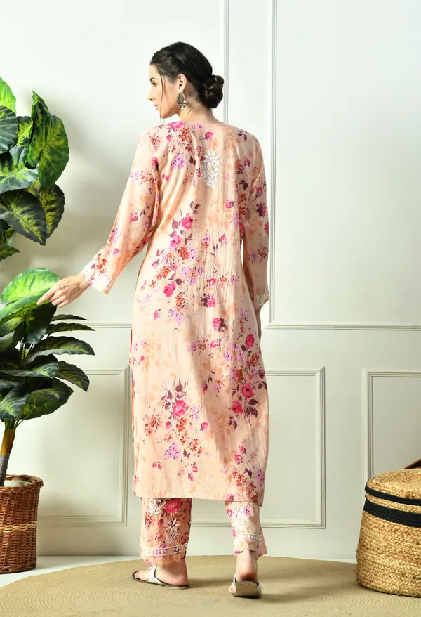 Peach_Floral_Hand_Embroidered_Mulmul_Chikankari_Kurta_Plazo_Set