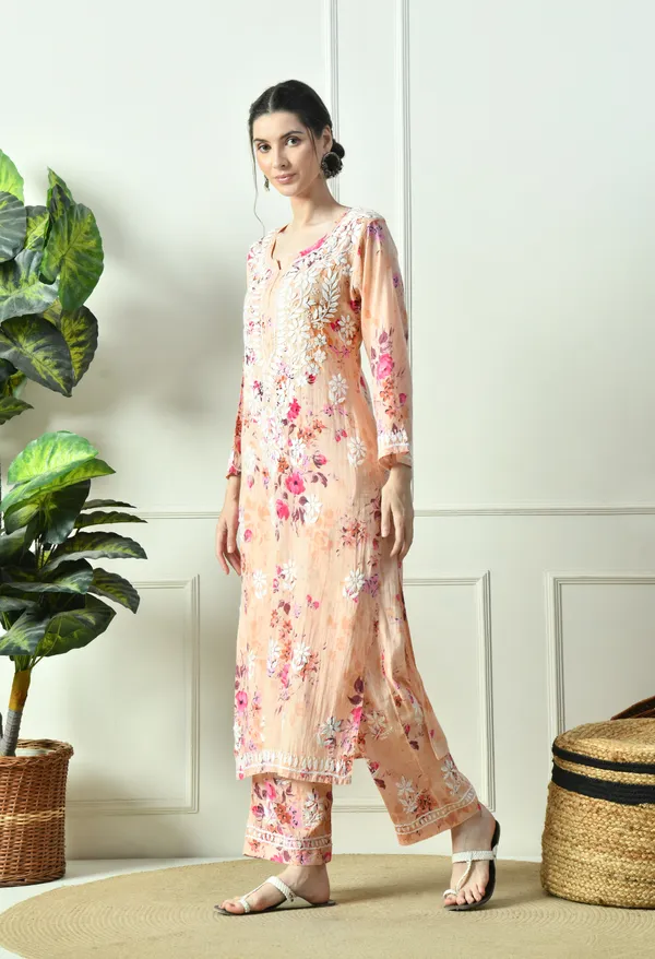 Peach_Floral_Hand_Embroidered_Mulmul_Chikankari_Kurta_Plazo_Set