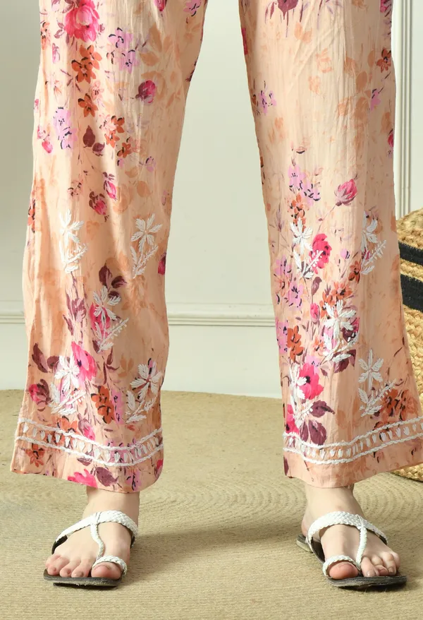 Peach_Floral_Hand_Embroidered_Mulmul_Chikankari_Kurta_Plazo_Set