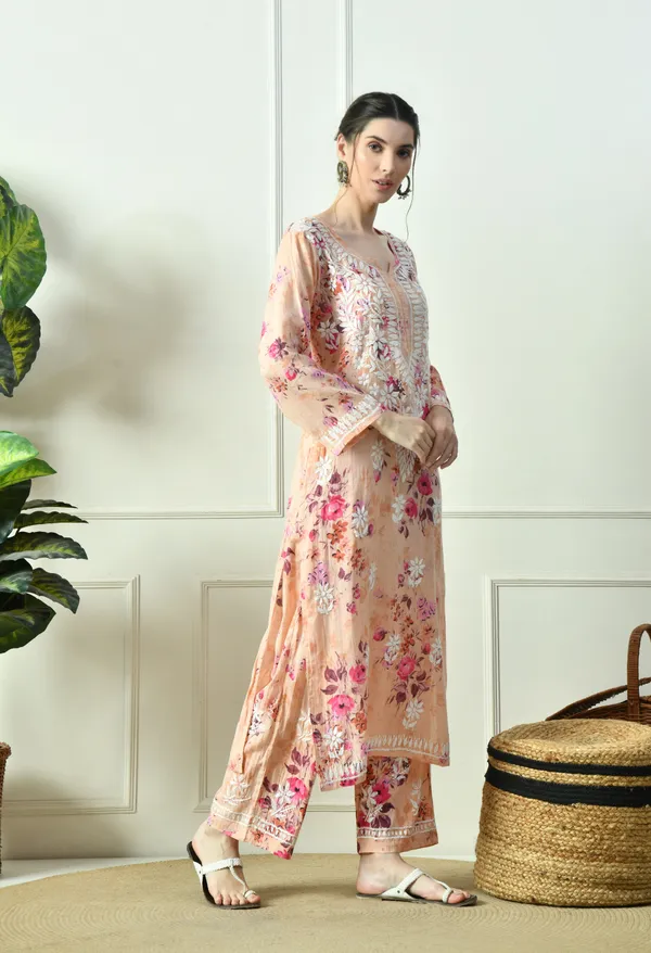 Peach_Floral_Hand_Embroidered_Mulmul_Chikankari_Kurta_Plazo_Set