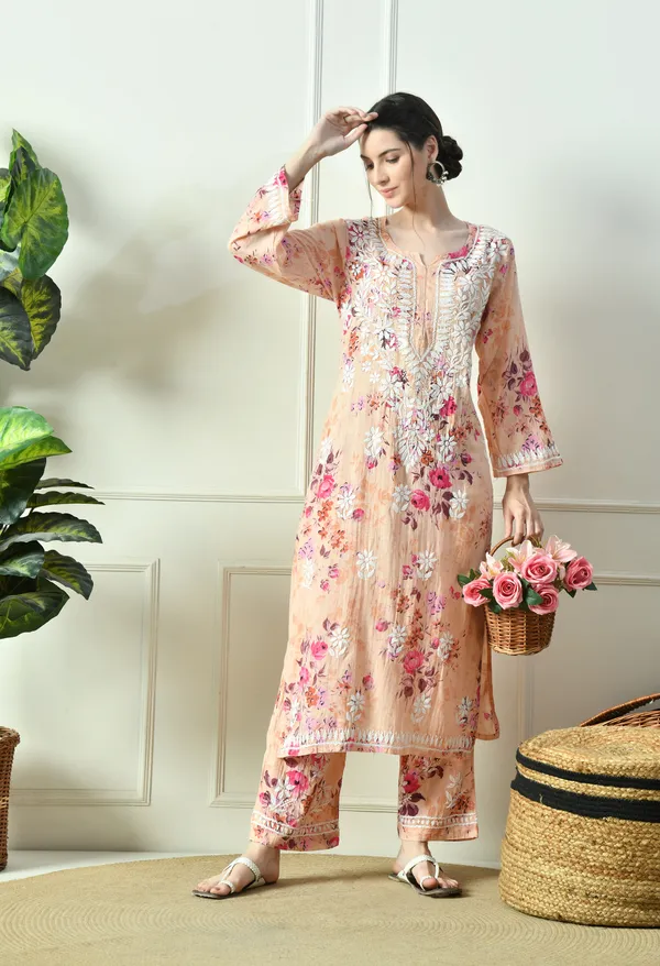Peach_Floral_Hand_Embroidered_Mulmul_Chikankari_Kurta_Plazo_Set