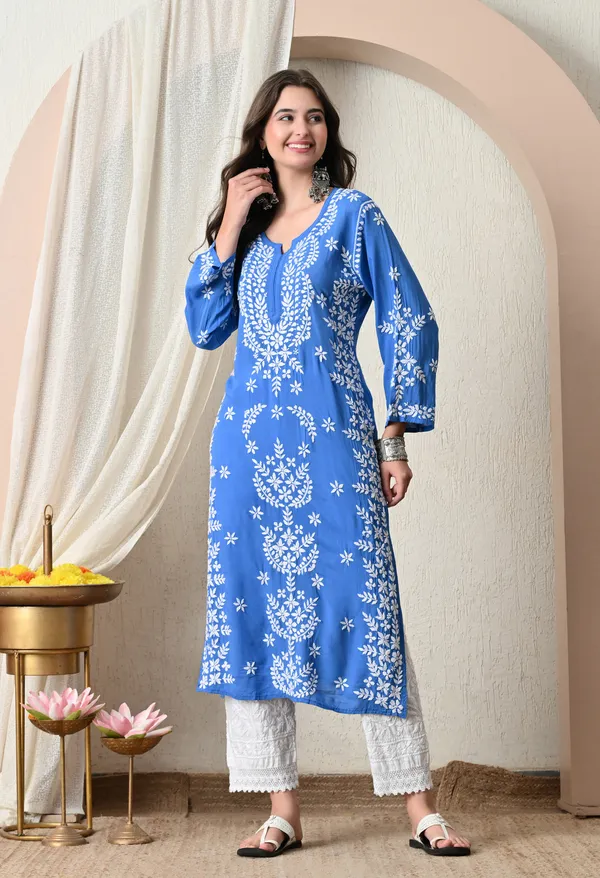 Syrish_Blue_Hand-Embroidered_Chikankari_Modal_Kurta