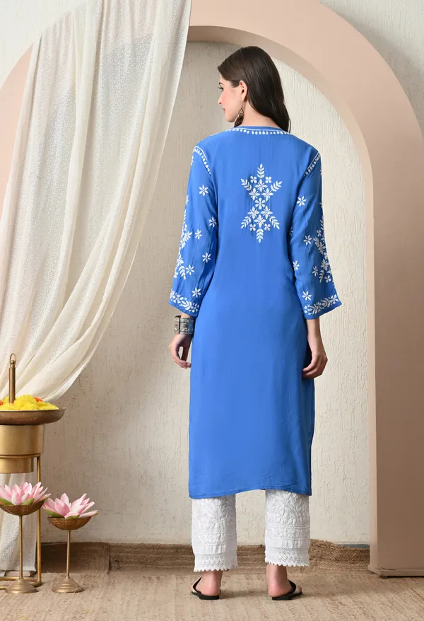 Syrish_Blue_Hand-Embroidered_Chikankari_Modal_Kurta