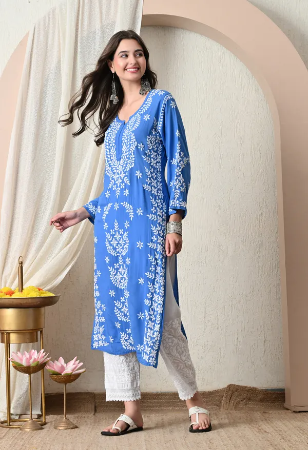 Syrish_Blue_Hand-Embroidered_Chikankari_Modal_Kurta