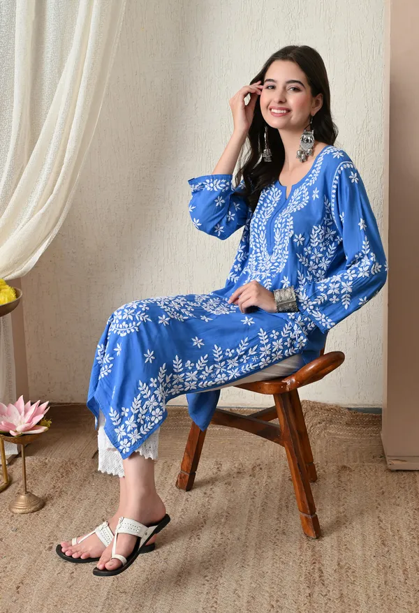 Syrish_Blue_Hand-Embroidered_Chikankari_Modal_Kurta