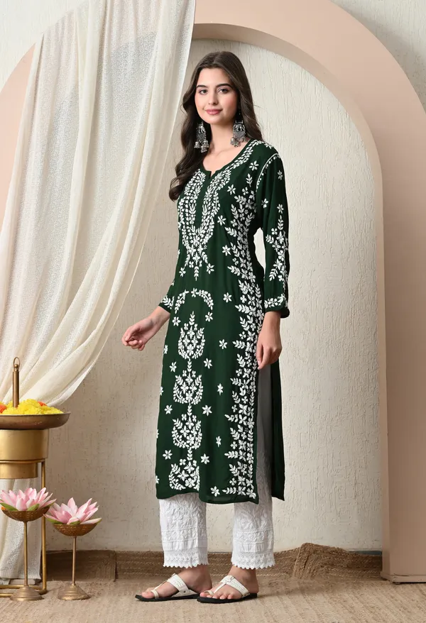 Syrish_Dark_Green_Hand-Embroidered_Chikankari_Modal_Kurta