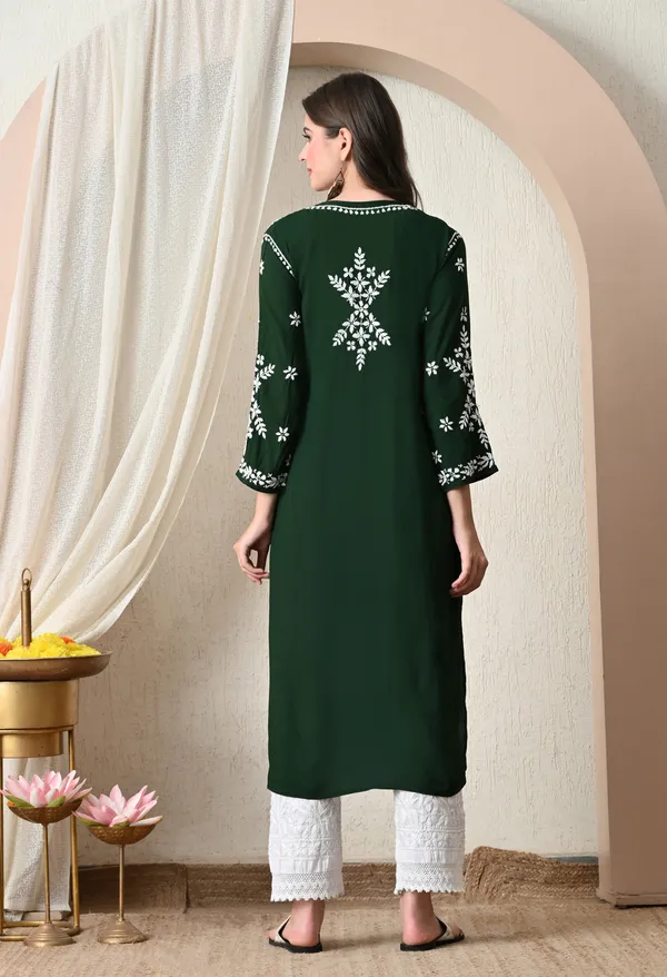 Syrish_Dark_Green_Hand-Embroidered_Chikankari_Modal_Kurta