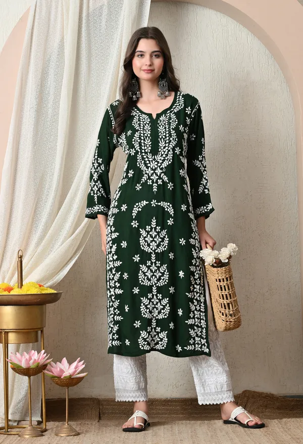 Syrish_Dark_Green_Hand-Embroidered_Chikankari_Modal_Kurta