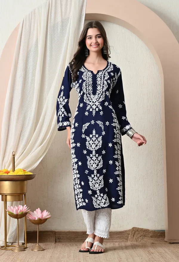 Syrish_Navy_Blue_Hand-Embroidered_Chikankari_Modal_Kurta