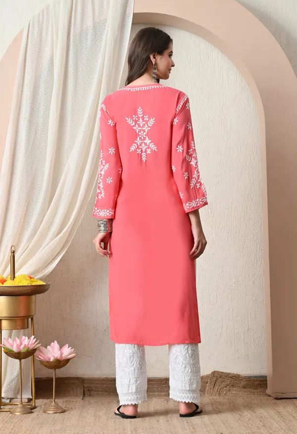 Syrish_Peach_Hand-Embroidered_Chikankari_Modal_Kurta
