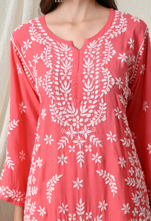 Syrish_Peach_Hand-Embroidered_Chikankari_Modal_Kurta