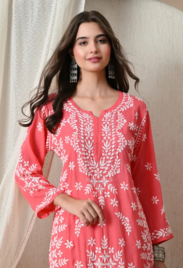 Syrish_Peach_Hand-Embroidered_Chikankari_Modal_Kurta