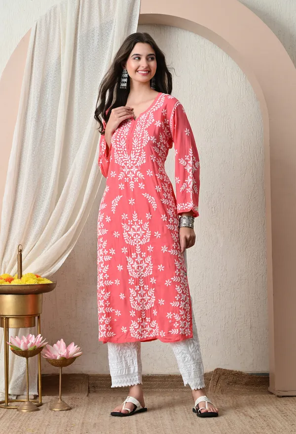 Syrish_Peach_Hand-Embroidered_Chikankari_Modal_Kurta