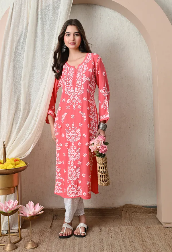 Syrish_Peach_Hand-Embroidered_Chikankari_Modal_Kurta