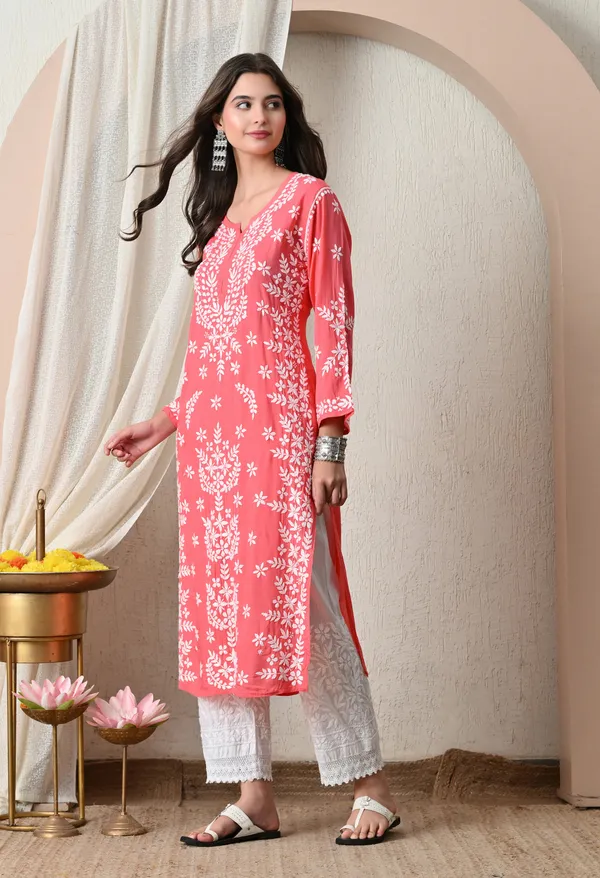 Syrish_Peach_Hand-Embroidered_Chikankari_Modal_Kurta