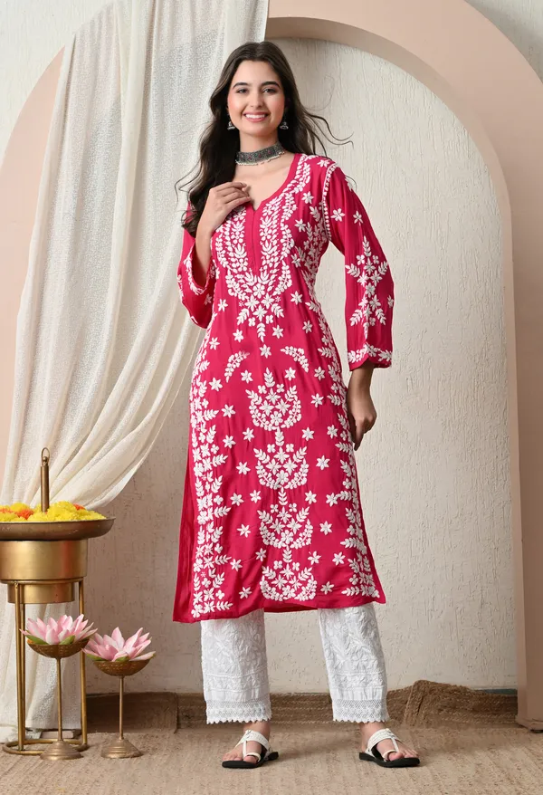 Syrish_Rani_Pink_Hand-Embroidered_Chikankari_Modal_Kurta