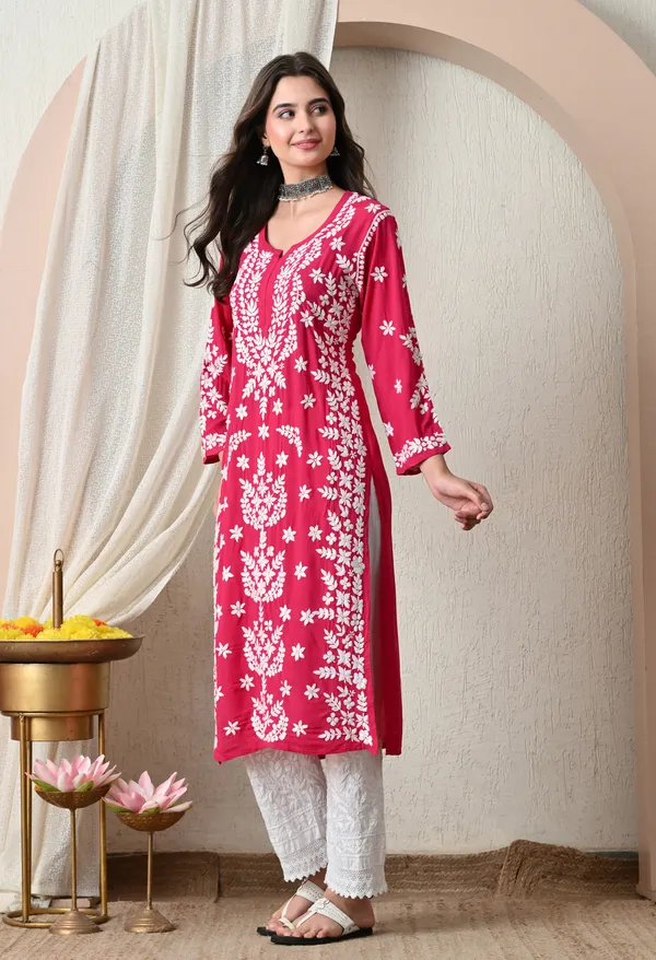 Syrish_Rani_Pink_Hand-Embroidered_Chikankari_Modal_Kurta