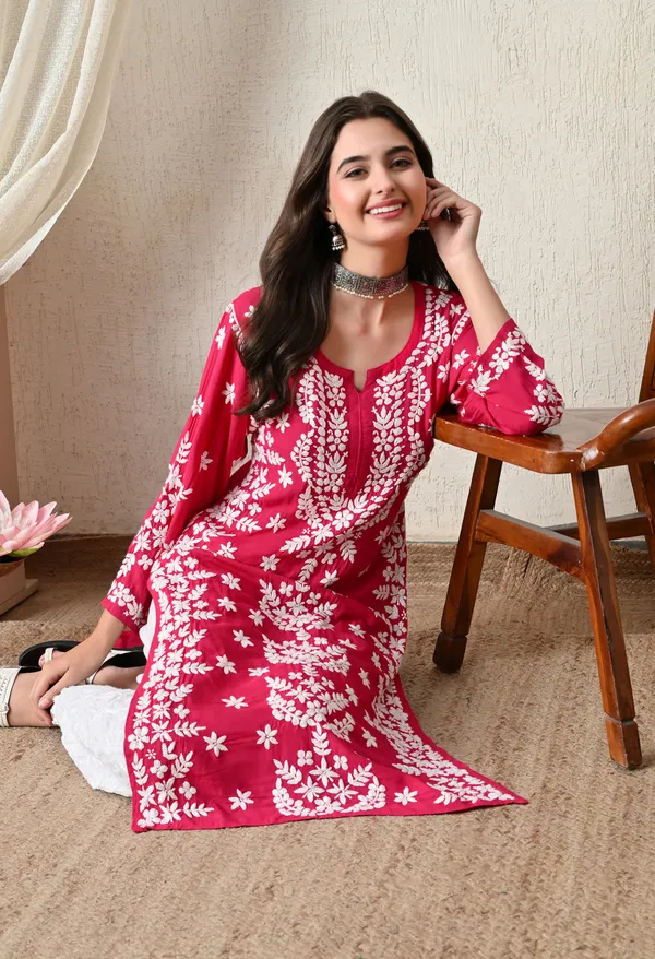 Syrish_Rani_Pink_Hand-Embroidered_Chikankari_Modal_Kurta