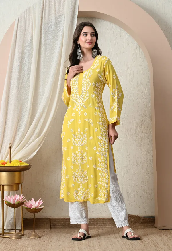Syrish_Yellow_Hand-Embroidered_Chikankari_Modal_Kurta