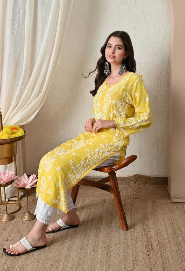 Syrish_Yellow_Hand-Embroidered_Chikankari_Modal_Kurta