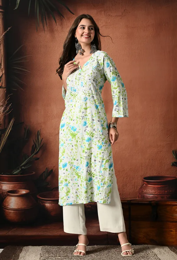 Syrish_Blue_accents_Floral_Handcrafted_Chikankari_Mulmul_Kurta