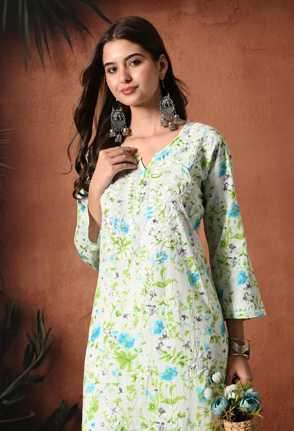 Syrish_Blue_accents_Floral_Handcrafted_Chikankari_Mulmul_Kurta
