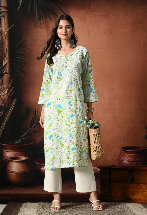 Syrish_Blue_accents_Floral_Handcrafted_Chikankari_Mulmul_Kurta
