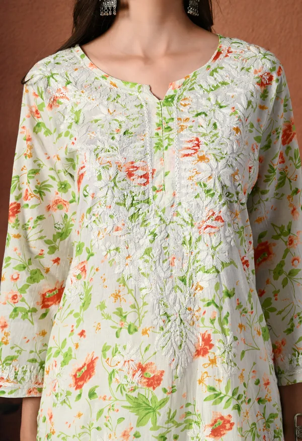 Syrish_Orange_accents_Floral_Handcrafted_Chikankari_Mulmul_Kurta