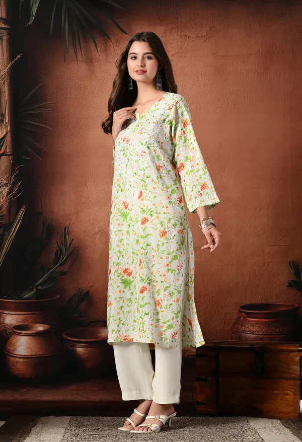 Syrish_Orange_accents_Floral_Handcrafted_Chikankari_Mulmul_Kurta